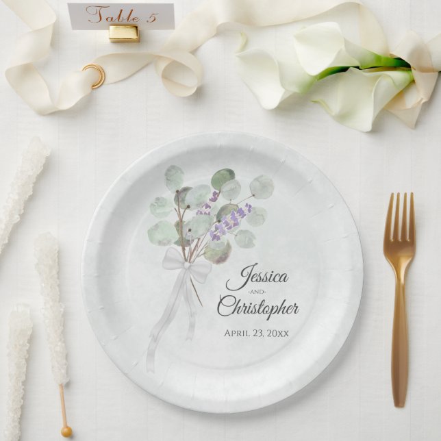 Plato De Papel Boda simple de eucalipto y lavanda (Boda)