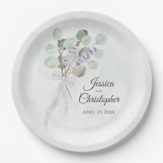 Plato De Papel Boda simple de eucalipto y lavanda (Anverso)