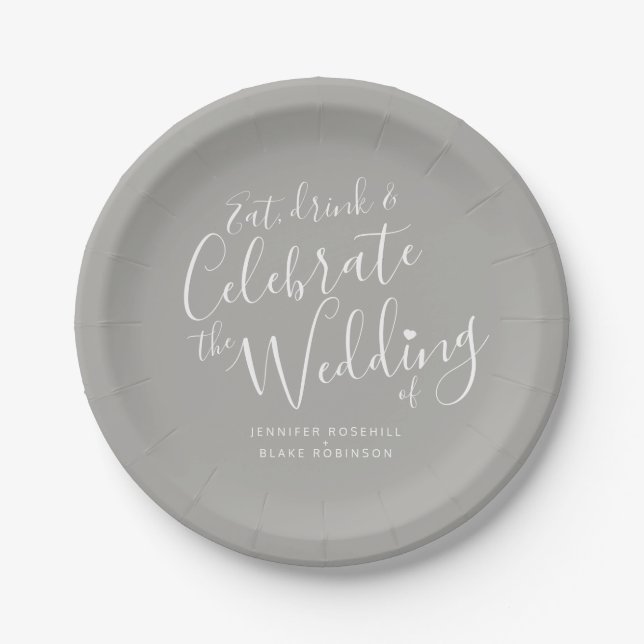 Plato De Papel Boda simple guión blanco gris personalizado (Anverso)