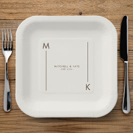 Plato De Papel Boda simple monograma Beige Brown