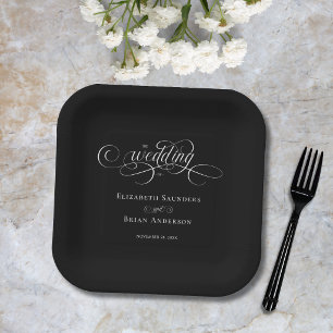Plato De Papel Boda Simple y Elegante con Letra Negra y Blanca