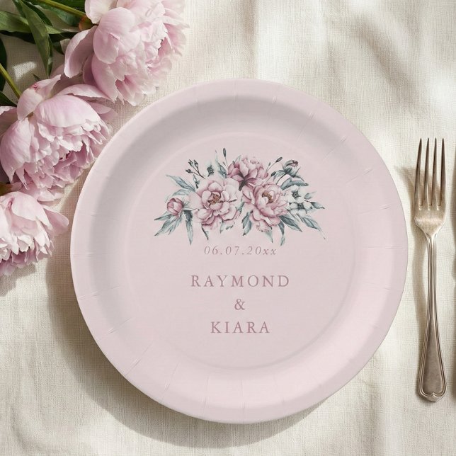 Plato De Papel Boda suave y turbio de peonía rosada (dusty pink watercolor peony party plate)
