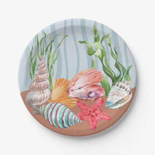 Plato De Papel Boda Tropical Blue Watercolor Seashell Beach