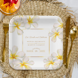 Plato De Papel Boda tropical de oro blanco de Frangipani