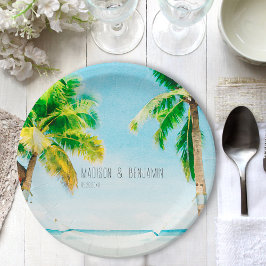 Plato De Papel Boda tropical de palmeras de playa costera retro
