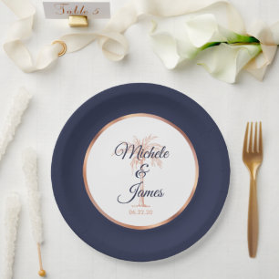 Plato De Papel Boda Tropical Elegante de Rosa de Oro y Navy con P