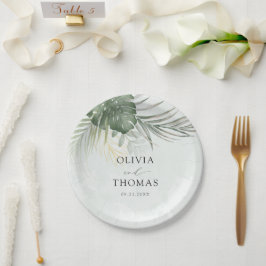 Plato De Papel Boda Tropical Moderna de Monstera Verde