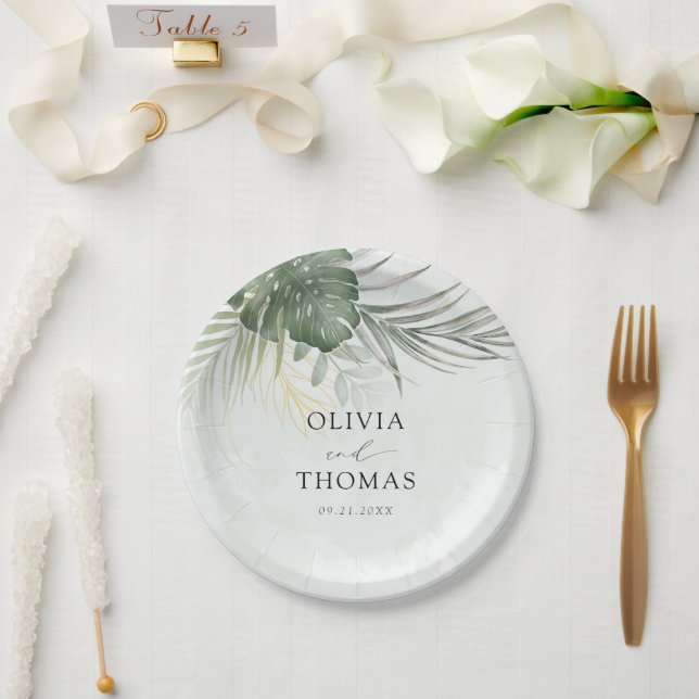 Plato De Papel Boda Tropical Moderna de Monstera Verde (Boda)