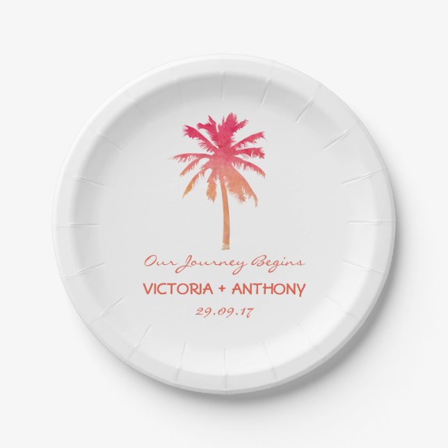 Plato De Papel Boda Tropical Sunset Palm Tree Beach (Anverso)