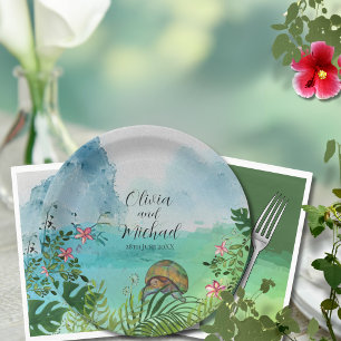 Plato De Papel Boda Tropical Tortuga Marina Rosa Frangipani