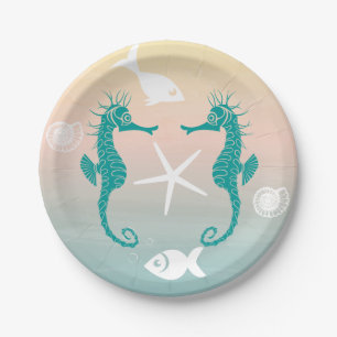 Plato De Papel Boda Turquoise Seahorse Blue Pink Sunset Beach Wed