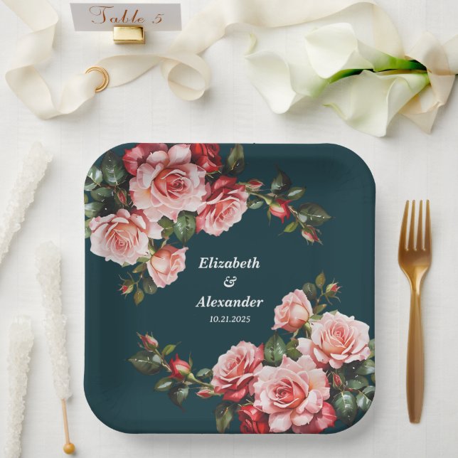 Plato De Papel Boda verde azulado de rosas rosadas y rojas rosada (Boda)