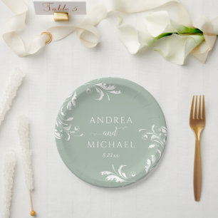 Plato De Papel Boda Verde Claro Salvia Elegante Lujo Florece