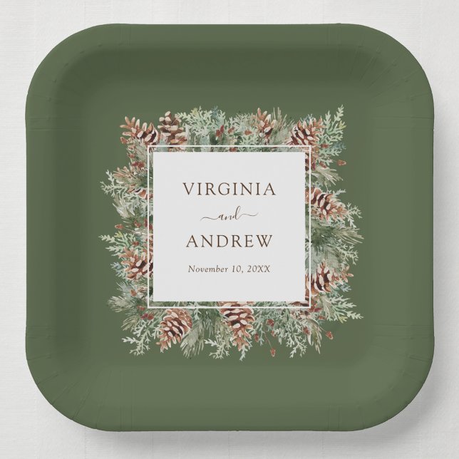 Plato De Papel Boda Verde de Invierno (Hunter Green Mountain Pinecone Evergreen Wedding Paper Plates by Painted Paperie
)