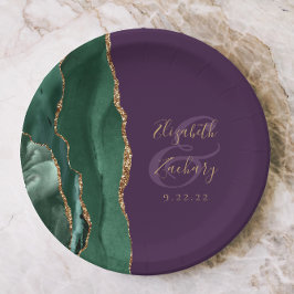 Plato De Papel Boda Verde Esmeralda Ágata Oro Púrpura