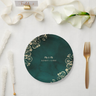 Plato De Papel Boda Verde Esmeralda con Remolinos de Oro