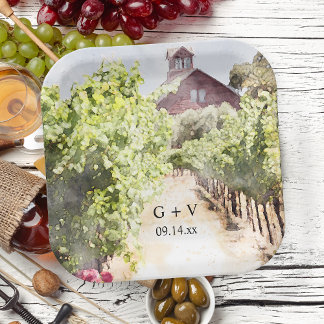 Plato De Papel Boda Vineyard y Red Barn Watercolor