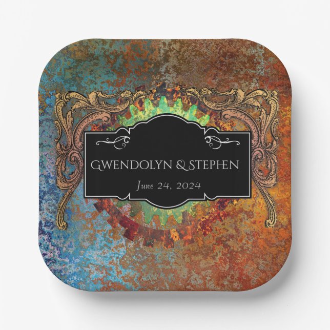 Plato De Papel Boda vinícola Steampunk personalizada (Anverso)