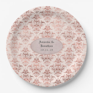 Plato De Papel Boda Vintage Damask con Rosa Oro y Rubor con Holog
