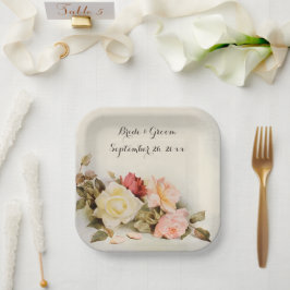 Plato De Papel Boda Vintage Flores De Jardín Antiguo Rosa