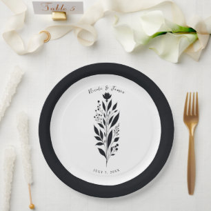 Plato De Papel Boda Vintage Moderna Floral Alta de Blanco y Negro