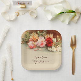 Plato De Papel Boda Vintage, Naturaleza Muerta de Flores de Rosas