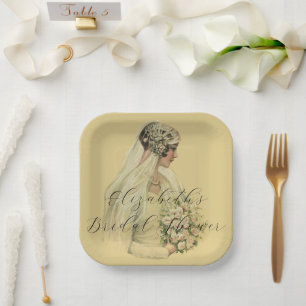 Plato De Papel Boda Vintage, retrato nupcial de novia victoriana