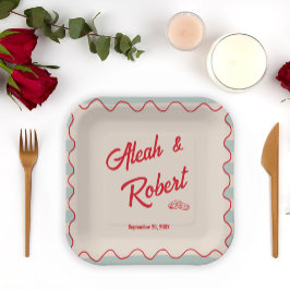 Plato De Papel Boda Vintage Retro Escritura Roja Rayas Azules