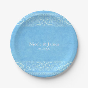 Plato De Papel Boda Western Country Paisley Rústico Azul