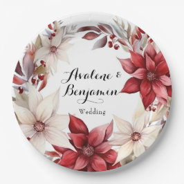Plato De Papel Boda Wreath Watercolor de poinsettia rojo y blanco