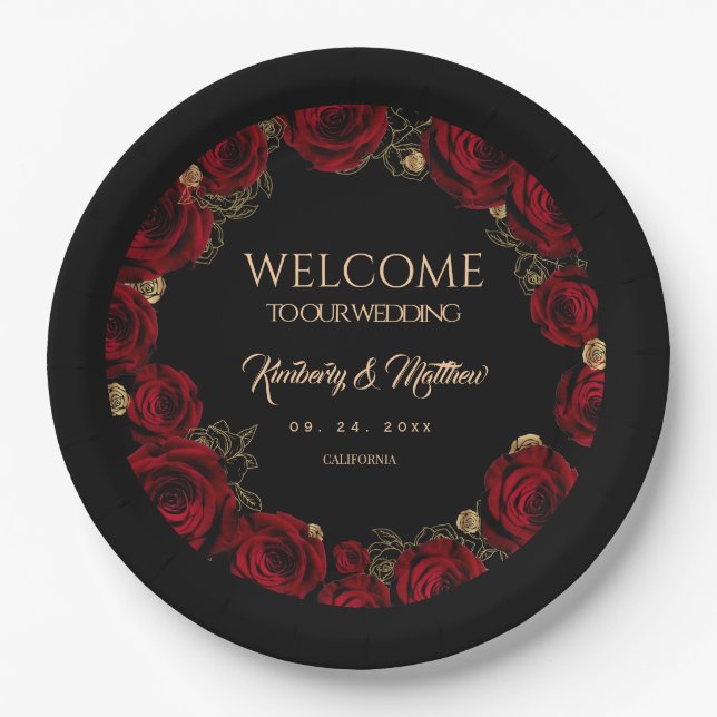 Plato De Papel Bodas Boho de Rosas Borgoña (Anverso)