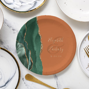 Plato De Papel Bodas de Ágata Verde Esmeralda Dorado Naranja Quem