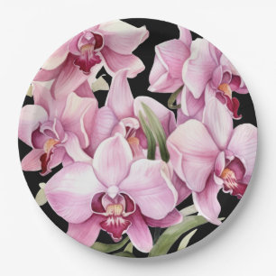 Plato De Papel Bodas de Orquídeas Rosadas y Negras