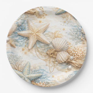 Plato De Papel Bodas de Playa con Acuarela de Mareas Eternas
