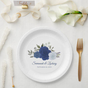 Plato De Papel Bodas de Rosas Boho Chic Elegantes en Acuarela Azu