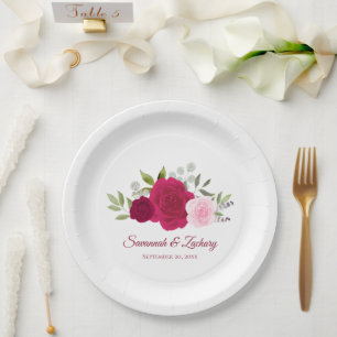 Plato De Papel Bodas de Rosas Magenta Elegantes Rosa Caliente y R