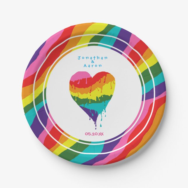 Plato De Papel Bodas personalizados LGBT Rainbow Heart (Anverso)