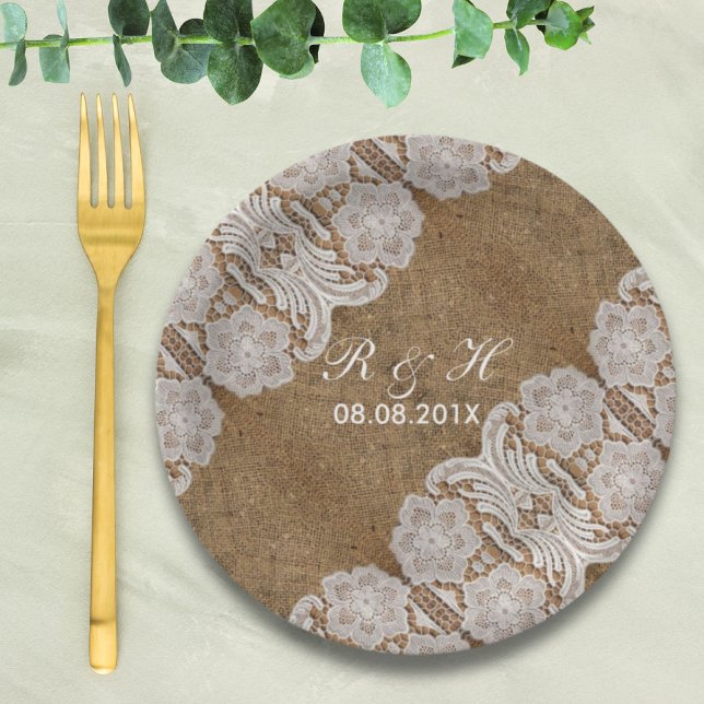 Plato De Papel bodas rústicas en el campo occidental (rustic western country wedding burlap and lace paper plates)