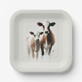 Plato De Papel Bodas Rústicas Mínimas con Vacas en Acuarela