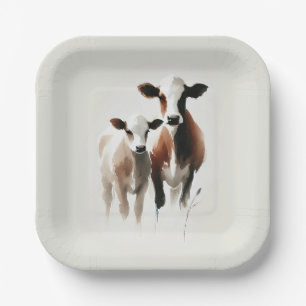 Plato De Papel Bodas Rústicas Mínimas con Vacas en Acuarela