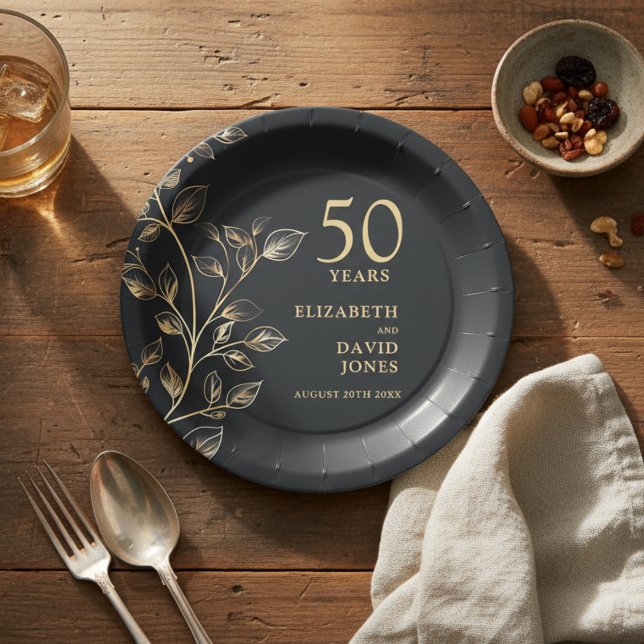 Plato De Papel Bodega dorada 50° Aniversario Boda (Gold Botanical Floral 50th Wedding Anniversary Paper Plates)