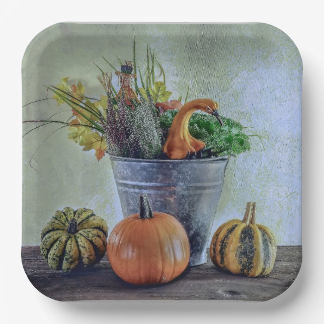 Plato De Papel Bodegón de otoño con calabazas, flores (Anverso)