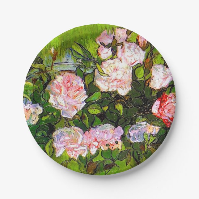 Plato De Papel Bodegón de Van Gogh con rosas rosadas (Anverso)