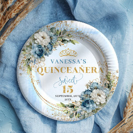 Plato De Papel Bohemian Dusty Blue Floral Gold Quince Plates