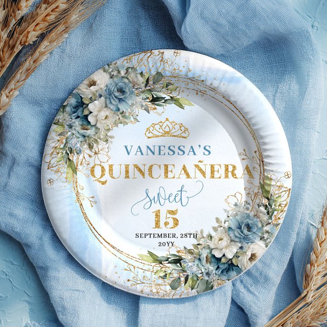 Plato De Papel Bohemian Light Blue Floral Greenery Gold Glitter  (Bohemian Light Blue Floral Greenery Gold Glitter Plates)