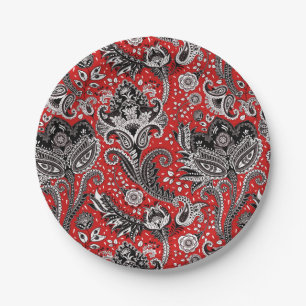 Plato De Papel Bohemio floral negro y blanco rojo Boho de Paisley