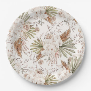 Plato De Papel Bohemio Floral y Plumas
