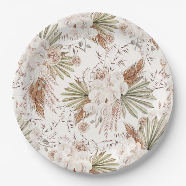 Plato De Papel Bohemio Floral y Plumas (Anverso)