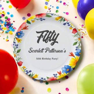 Plato De Papel Boho Acuarela Floral Jardín Cumpleaños 50