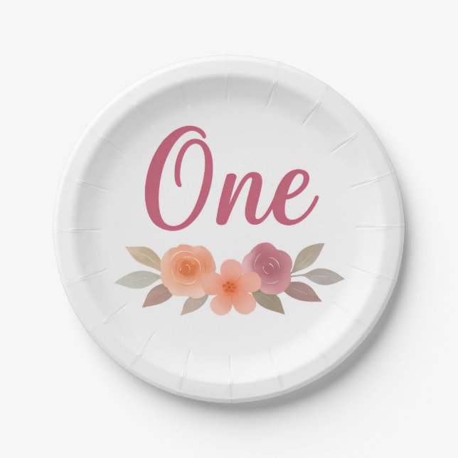 Plato De Papel Boho  Acuarela Floral Primer Cumpleaños  (Anverso)